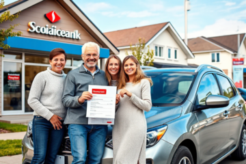 A person looking at vehicles with Scotiabank documentation for a vehicle acquisition loan.