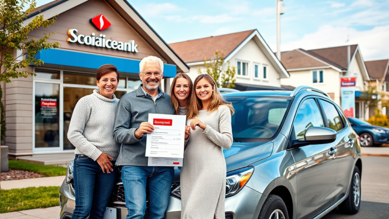 A person looking at vehicles with Scotiabank documentation for a vehicle acquisition loan.