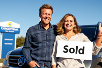 A happy couple discussing their new vehicle acquisition loan from Concentra Bank, showcasing the ease of affordable car ownership.
