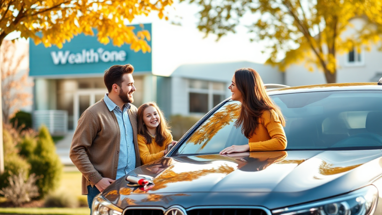 A family happily driving their new vehicle purchased through Wealth One Bank's Vehicle Acquisition Loan.