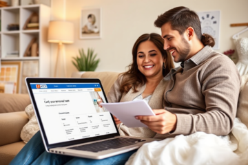 A young couple discussing their options for an ICICI Bank Canada personal loan in their living room.