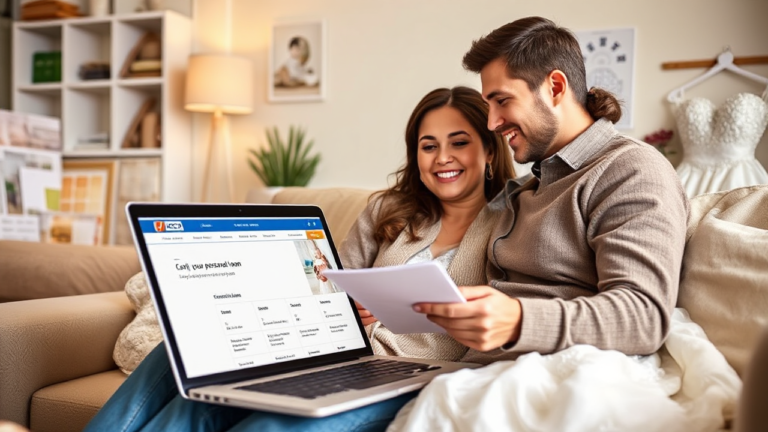 A young couple discussing their options for an ICICI Bank Canada personal loan in their living room.