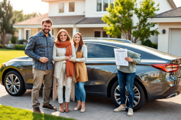 A family discussing their vehicle options with a Home Trust Company representative for a vehicle acquisition loan.