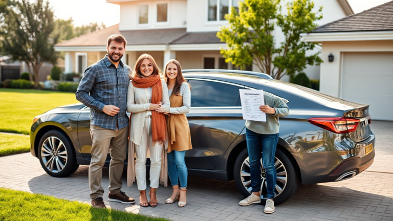 A family discussing their vehicle options with a Home Trust Company representative for a vehicle acquisition loan.