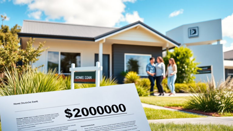 A happy family sitting in front of their new home financed by a $20,000 loan from Deutsche Bank.