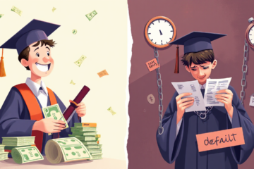 An image depicting the advantages and disadvantages of student loans for higher education.