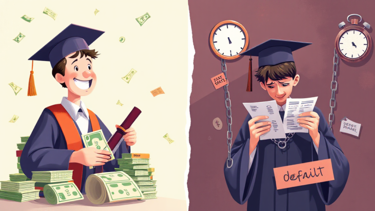 An image depicting the advantages and disadvantages of student loans for higher education.