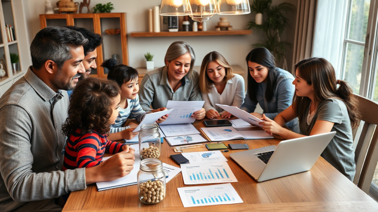 A family collaborating on financial planning, showcasing harmony in managing finances together.