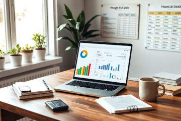 An illustration of a person creating a budget plan with charts and expenses.