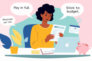 A person reviewing their credit card statement while budgeting to avoid debt.