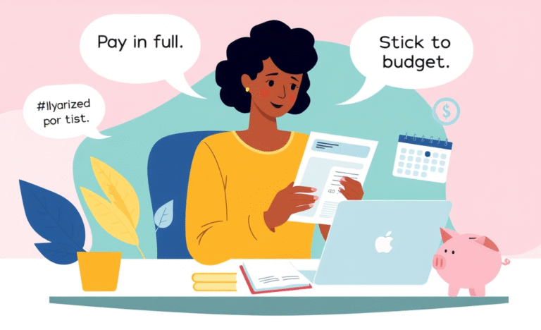 A person reviewing their credit card statement while budgeting to avoid debt.
