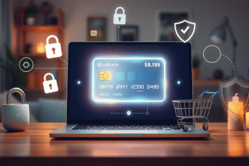 An illustration of a virtual credit card emphasizing online safety and security.
