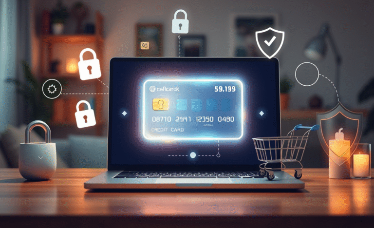 An illustration of a virtual credit card emphasizing online safety and security.