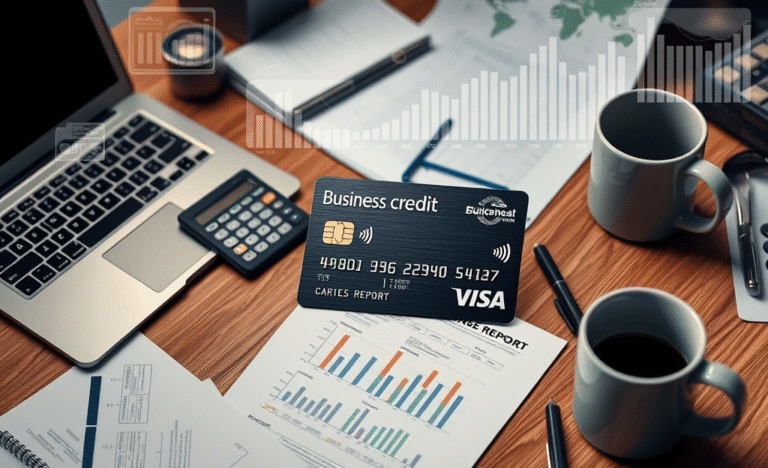 A close-up of a business credit card on a desk, symbolizing business expenses and financial management.
