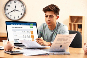 A person reviewing financial documents with a calculator, representing the decision-making process before requesting a credit card.