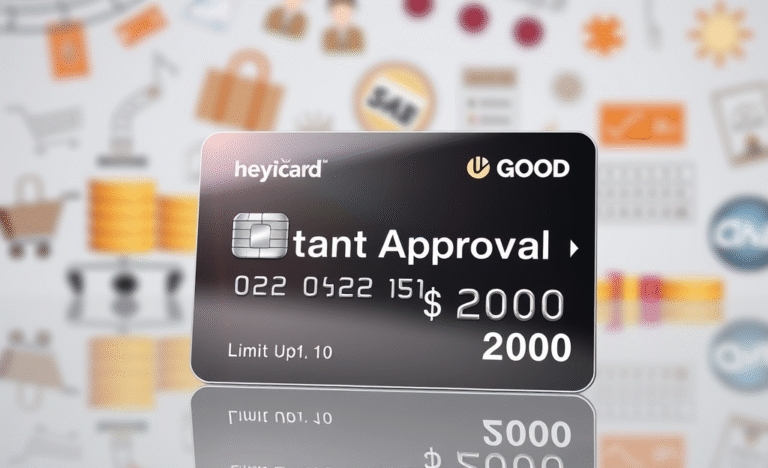 A visual representation of a credit card with immediate approval features and a limit option.