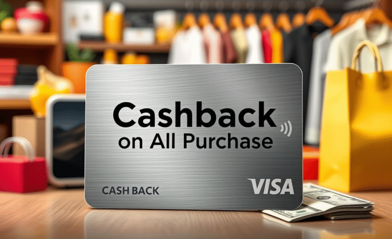 A visual representation of a credit card offering cashback rewards on all purchases.