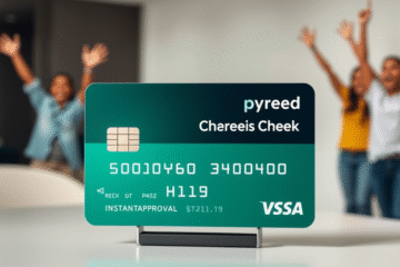 A person happily holding a credit card, celebrating instant approval without a credit check.