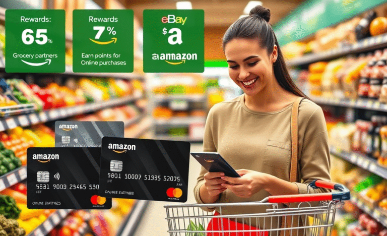 A person shopping with a credit card, showcasing savings at supermarkets and online partners.