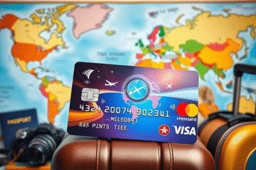 A traveler reviewing benefits of a credit card with travel rewards.