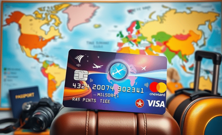 A traveler reviewing benefits of a credit card with travel rewards.