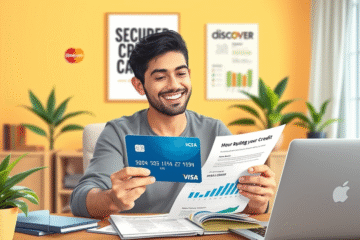 Illustration showing various credit cards for rebuilding credit.