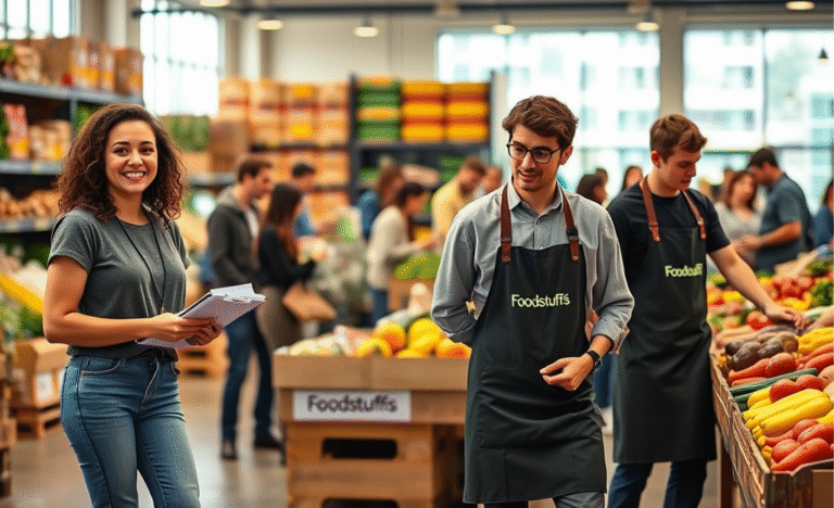 A diverse team collaborating in a food industry setting, showcasing teamwork and career growth opportunities.