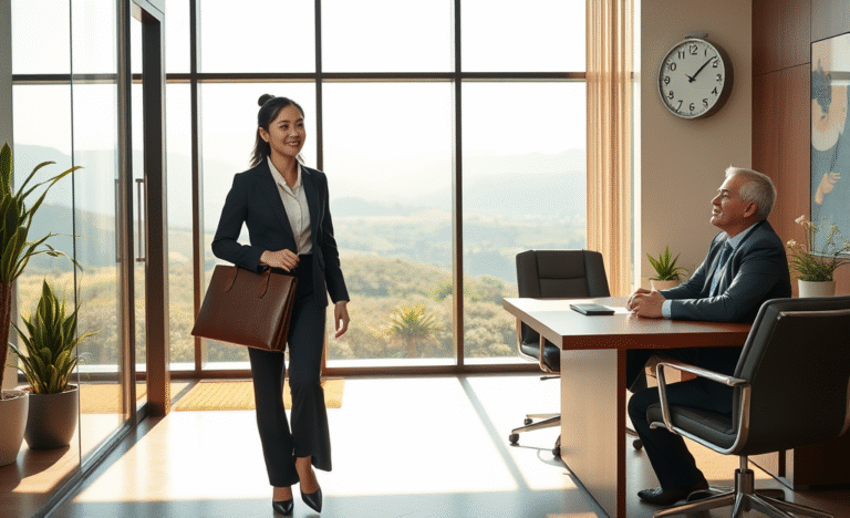 A professional candidate arriving on time for an interview.