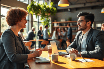 A group of professionals engaged in a networking event, exchanging ideas and building connections.