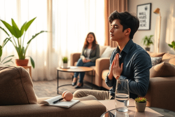 A person practicing deep breathing techniques to reduce nervousness before an interview.