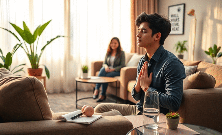 A person practicing deep breathing techniques to reduce nervousness before an interview.