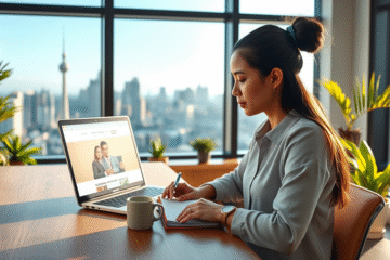 A candidate researching a company on a laptop before an interview.