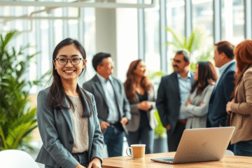 A person interacting with colleagues in a new workplace, showcasing positive first-day work behavior.