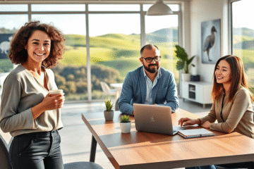 A person greeting colleagues in a friendly workplace setting, representing positive work behavior.