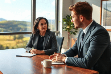 A professional interviewing setting depicting effective communication and interview best practices.