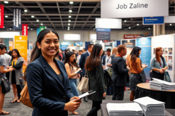 A professional candidate engaging at a job fair with company representatives.