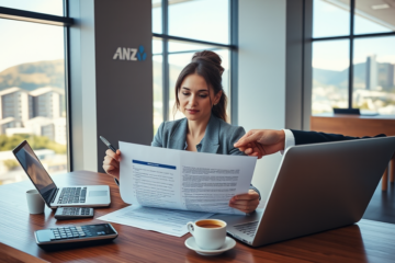 Businesswoman reviewing an ANZ loan contract with a bank advisor in a modern New Zealand bank interior with cityscape view