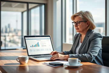 Professional woman in a modern office reviewing a credit proposal for Harmoney loans with digital financial documents and Auckland city view