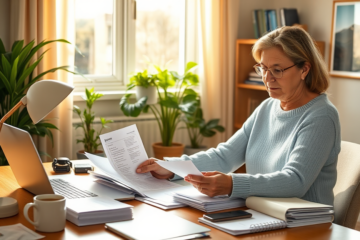 Māori woman organising loan application documents at a sunlit home office desk with laptop and folders in New Zealand
