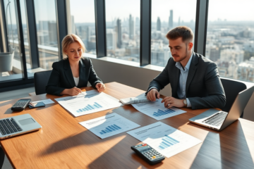 Two professionals reviewing detailed loan comparison charts and financial documents in a bright Auckland office, assessing ASB loan terms and costs