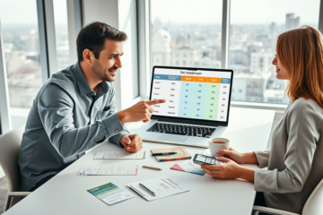 Two professionals comparing debt consolidation loans in a modern NZ office, assessing if switching pays off with charts and calculations