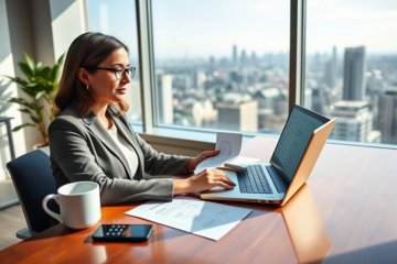A New Zealand woman in a modern office comparing personal loan documents with a laptop, calculator, and cityscape view of Auckland in daylight