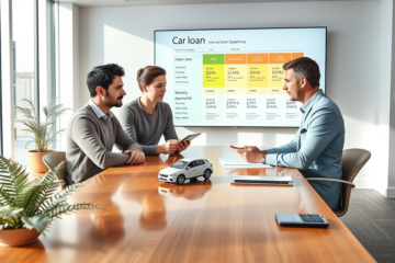 Young couple consulting a loan advisor in a modern New Zealand bank to plan car loan options with clear financial visuals and natural daylight