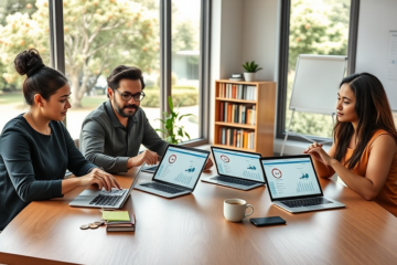 Diverse adults comparing personal credit options in a bright New Zealand office with laptops, charts, and natural daylight