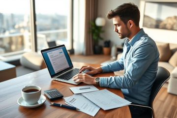 Young New Zealand man applying for a personal loan on a laptop in a modern home office with Auckland skyline visible through the window