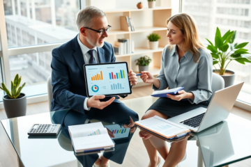 Two professionals evaluate loan terms together in a bright, modern office with loan comparison charts and financial documents on the table