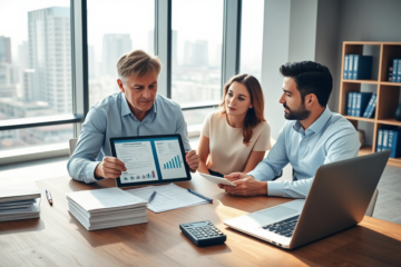 Financial advisor reviewing a loan application with a young couple in a bright modern office ensuring faster approval and avoiding delays