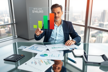 Financial advisor in modern office examining loan fee charts and digital payout graphs to assess upgrade loan fees impact