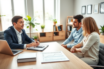 A professional financial advisor and a young couple discussing loan pre-qualification documents in a bright, modern office environment
