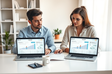 Two young professionals compare SoFi loan offers on laptops at a modern desk in a sunlit home office, evaluating financial options.